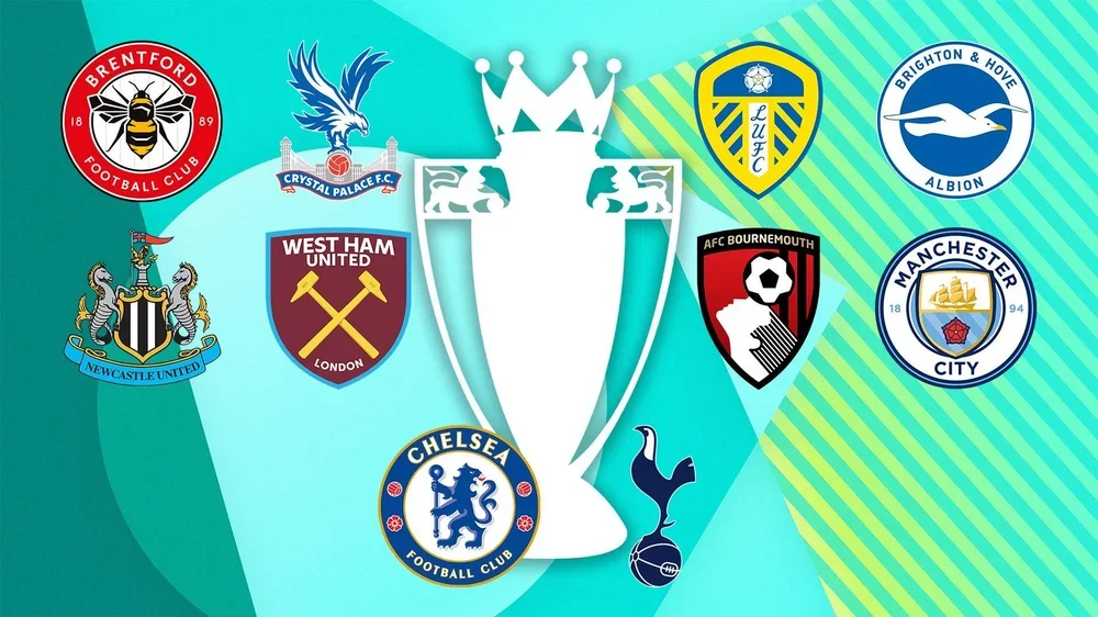 Club badges for Brentford v Crystal Palace, Leeds United v Brighton, Newcastle United v West Ham, Bournemouth v Manchester City, and Chelsea v Tottenham Hotspur
